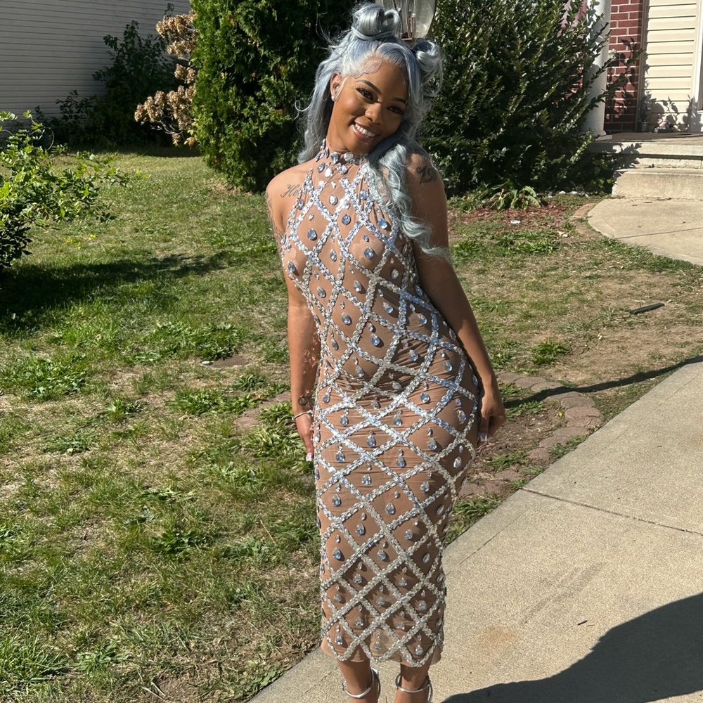 AKIRA Silver and Tan Strapless Dress